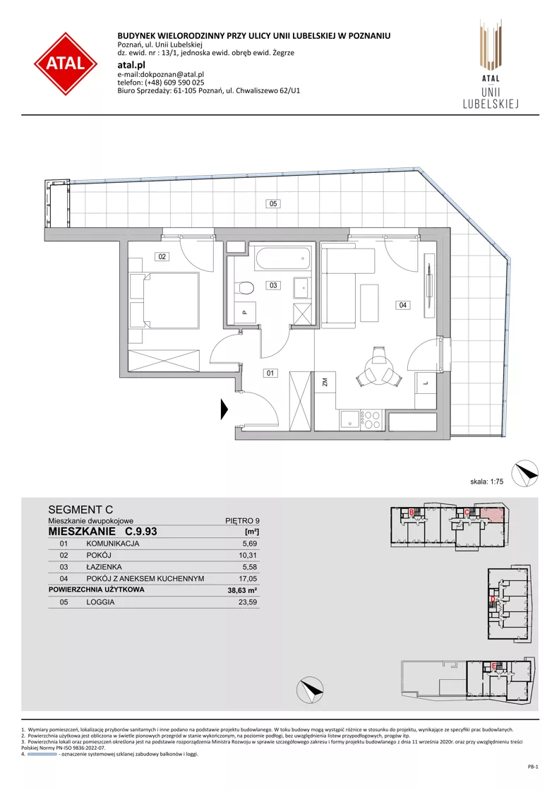 2 pokoje, mieszkanie 38,63 m², piętro 9, oferta nr C.9.93, ATAL Unii Lubelskiej, Poznań, Rataje, Starołęka, ul. Heleny Tadeuszak