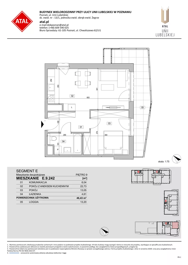 2 pokoje, mieszkanie 46,43 m², piętro 9, oferta nr E.9.242, ATAL Unii Lubelskiej, Poznań, Rataje, Starołęka, ul. Heleny Tadeuszak