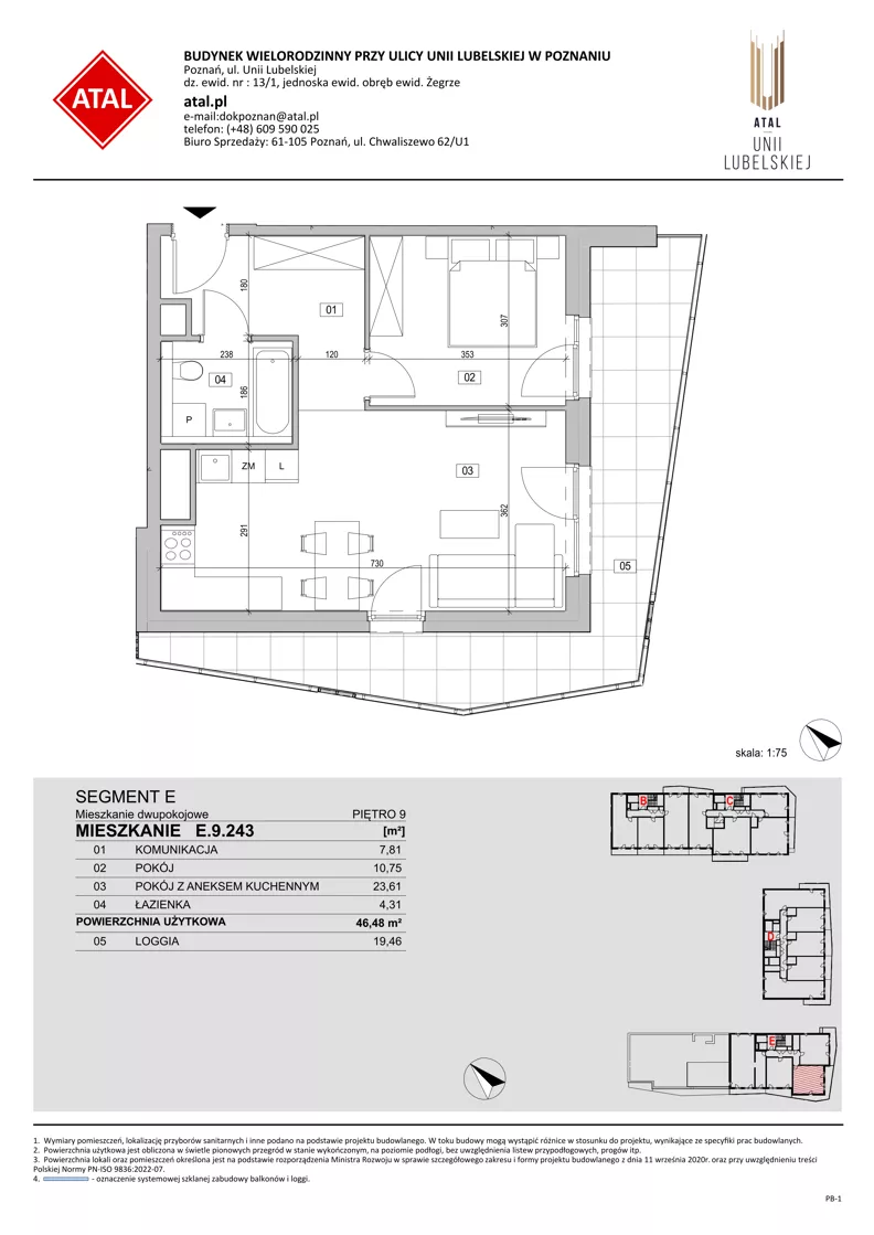 2 pokoje, mieszkanie 46,48 m², piętro 9, oferta nr E.9.243, ATAL Unii Lubelskiej, Poznań, Rataje, Starołęka, ul. Heleny Tadeuszak