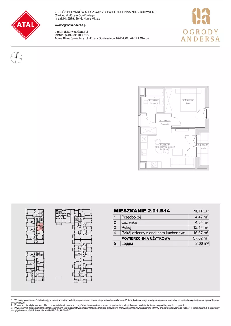2 pokoje, mieszkanie 37,62 m², piętro 1, oferta nr 2.01.B14, Ogrody Andersa IV, Gliwice, Wojska Polskiego, ul. J. Sowińskiego