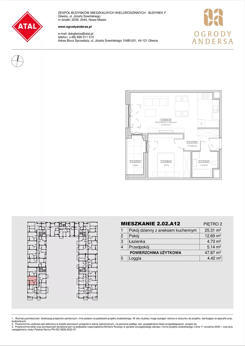 2 pokoje, mieszkanie 47,87 m², piętro 2, oferta nr 2.02.A12, Ogrody Andersa IV, Gliwice, Wojska Polskiego, ul. J. Sowińskiego