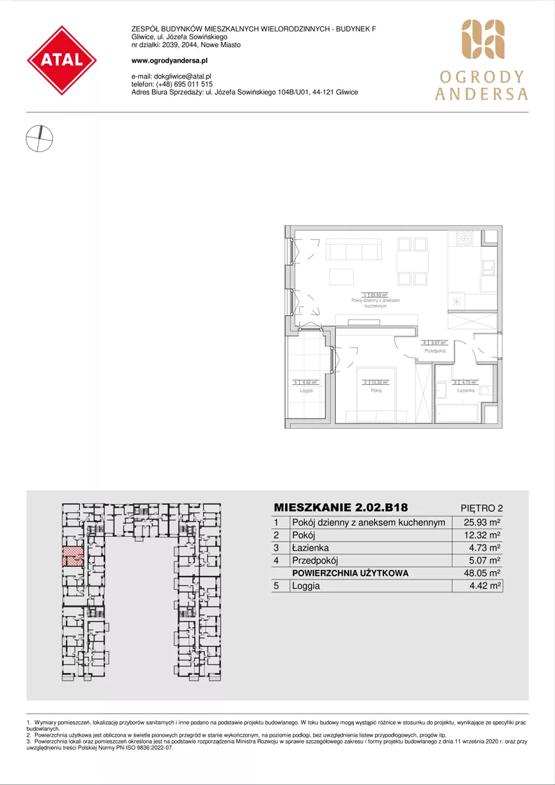 2 pokoje, mieszkanie 48,05 m², piętro 2, oferta nr 2.02.B18, Ogrody Andersa IV, Gliwice, Wojska Polskiego, ul. J. Sowińskiego