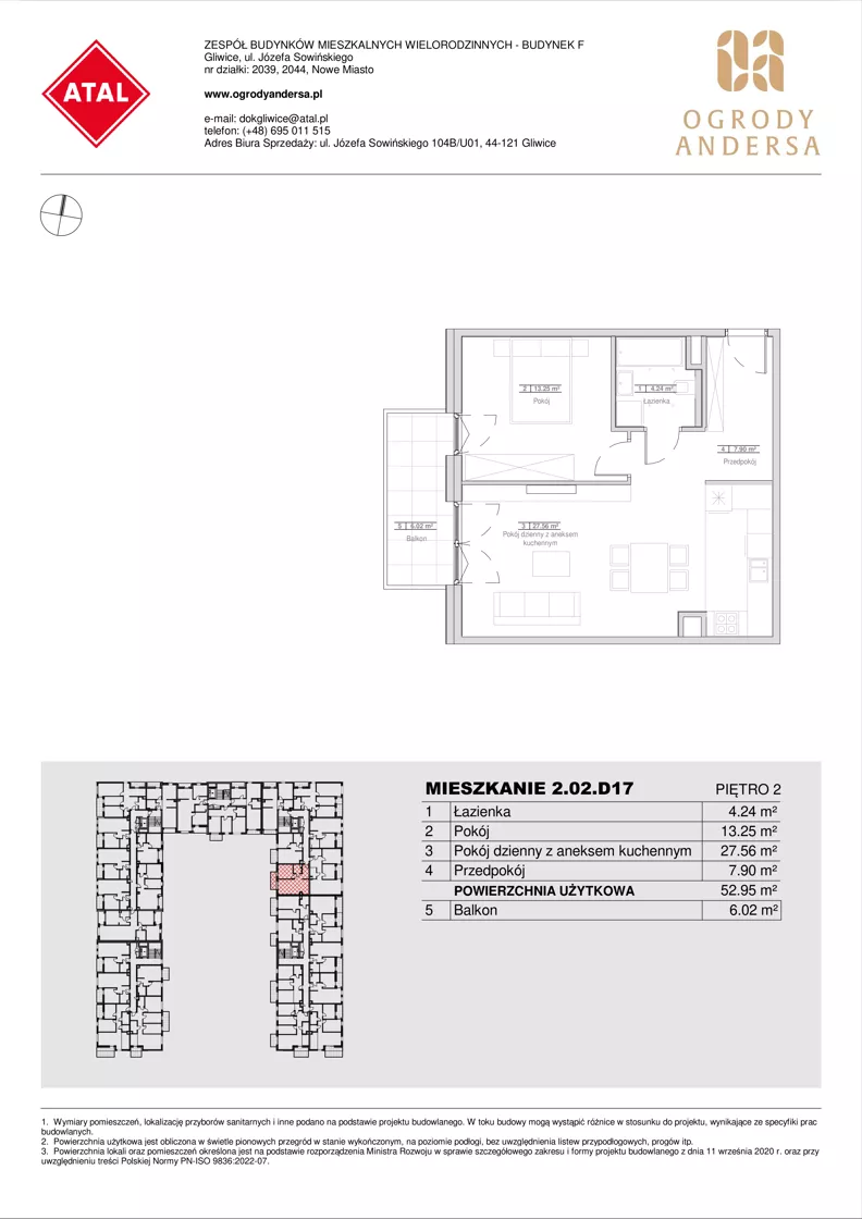2 pokoje, mieszkanie 52,95 m², piętro 2, oferta nr 2.02.D17, Ogrody Andersa IV, Gliwice, Wojska Polskiego, ul. J. Sowińskiego