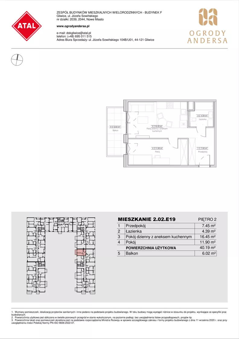 2 pokoje, mieszkanie 40,19 m², piętro 2, oferta nr 2.02.E19, Ogrody Andersa IV, Gliwice, Wojska Polskiego, ul. J. Sowińskiego