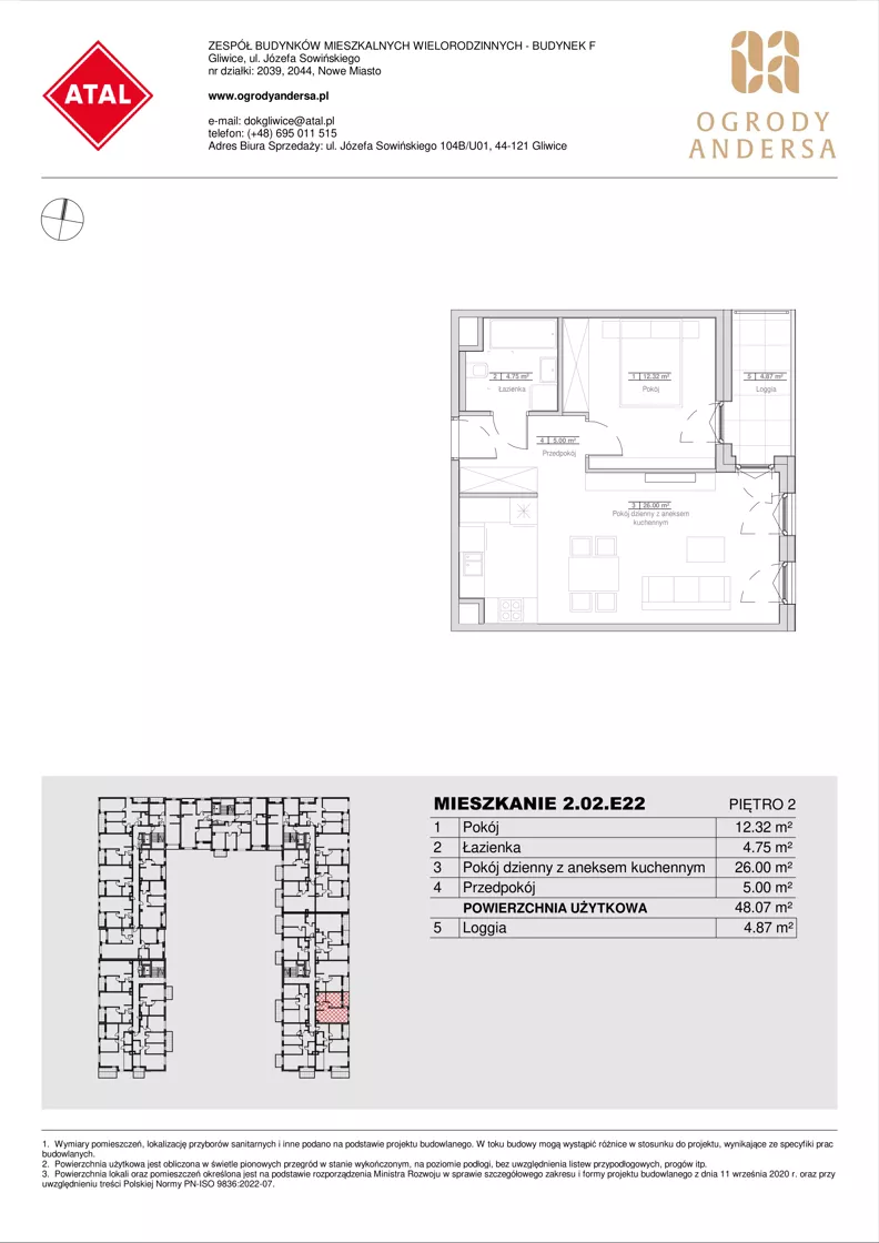 2 pokoje, mieszkanie 48,07 m², piętro 2, oferta nr 2.02.E22, Ogrody Andersa IV, Gliwice, Wojska Polskiego, ul. J. Sowińskiego