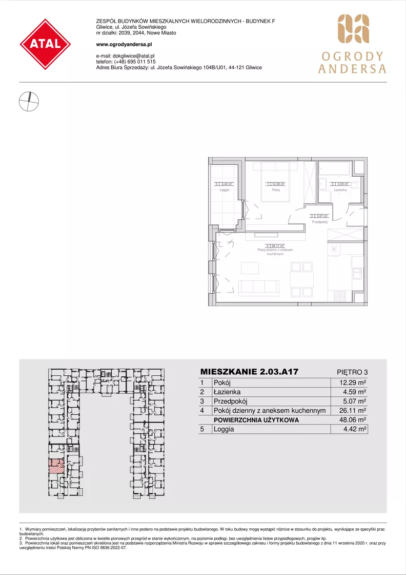 2 pokoje, mieszkanie 48,06 m², piętro 3, oferta nr 2.03.A17, Ogrody Andersa IV, Gliwice, Wojska Polskiego, ul. J. Sowińskiego