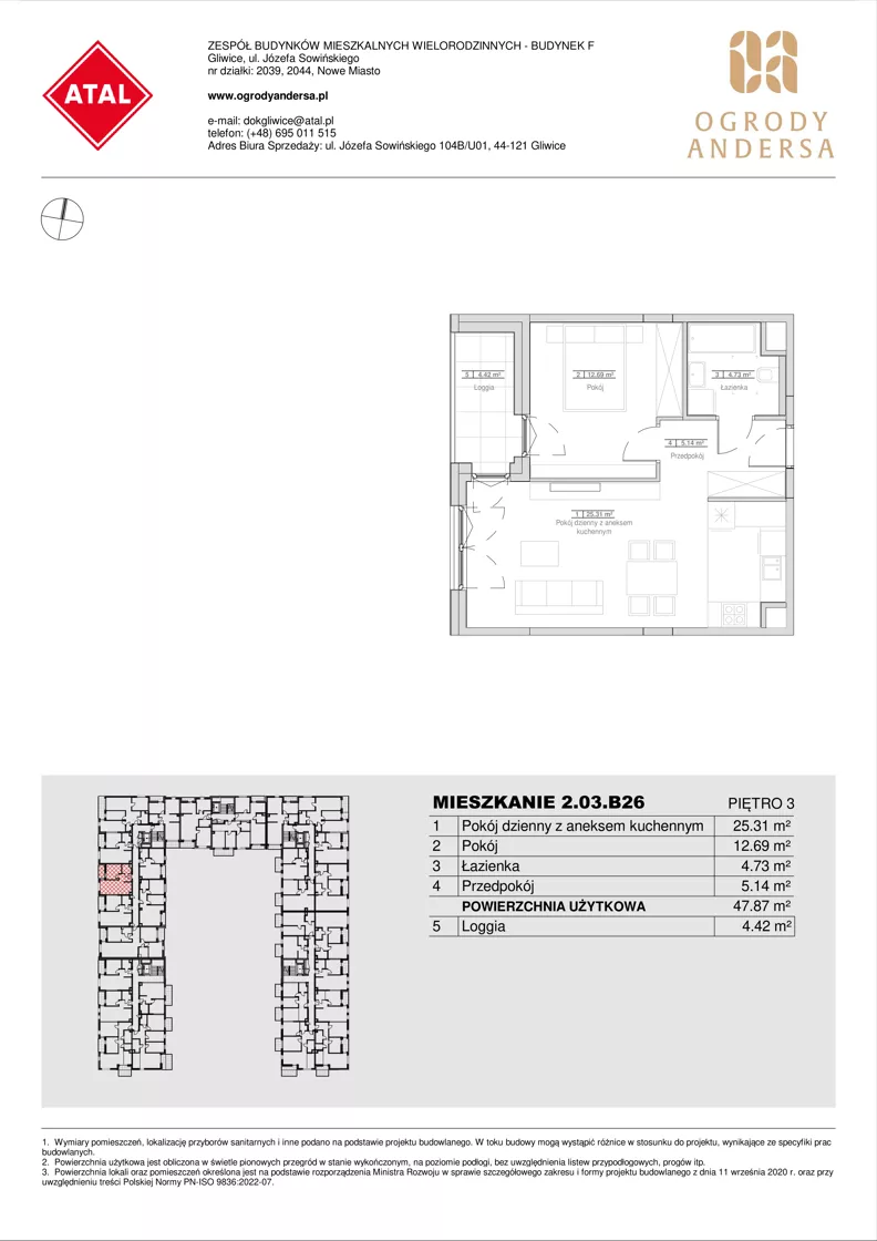 2 pokoje, mieszkanie 47,87 m², piętro 3, oferta nr 2.03.B26, Ogrody Andersa IV, Gliwice, Wojska Polskiego, ul. J. Sowińskiego