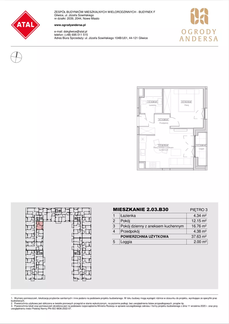 2 pokoje, mieszkanie 37,63 m², piętro 3, oferta nr 2.03.B30, Ogrody Andersa IV, Gliwice, Wojska Polskiego, ul. J. Sowińskiego
