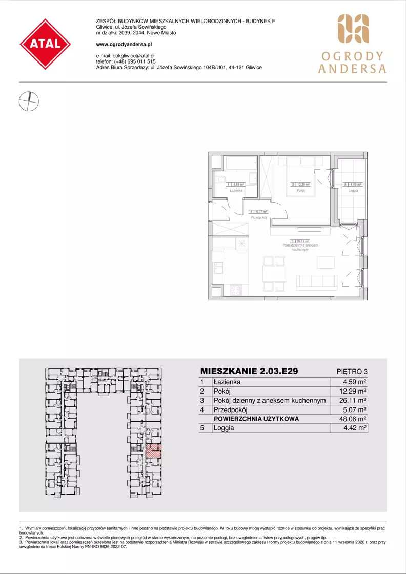 2 pokoje, mieszkanie 48,06 m², piętro 3, oferta nr 2.03.E29, Ogrody Andersa IV, Gliwice, Wojska Polskiego, ul. J. Sowińskiego