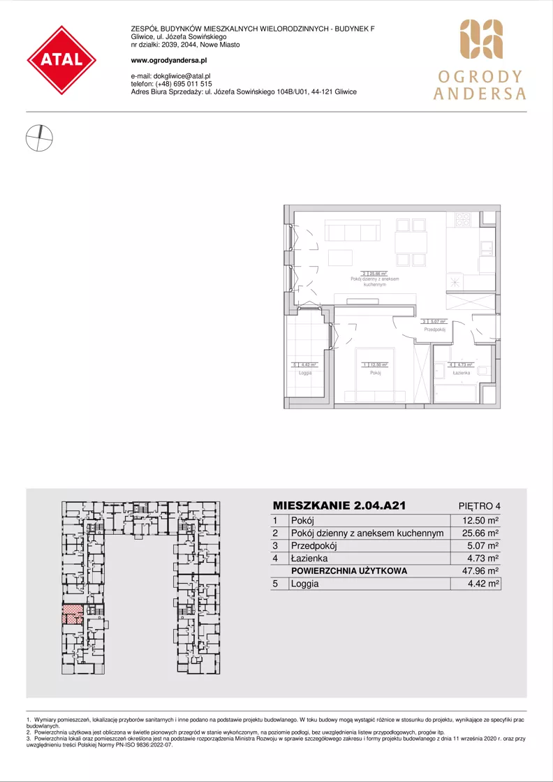 2 pokoje, mieszkanie 47,96 m², piętro 4, oferta nr 2.04.A21, Ogrody Andersa IV, Gliwice, Wojska Polskiego, ul. J. Sowińskiego