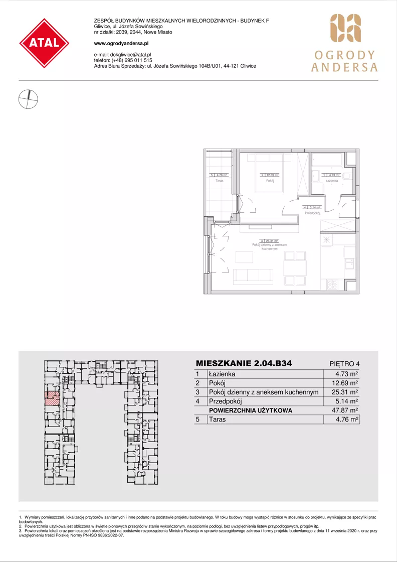 2 pokoje, mieszkanie 47,87 m², piętro 4, oferta nr 2.04.B34, Ogrody Andersa IV, Gliwice, Wojska Polskiego, ul. J. Sowińskiego