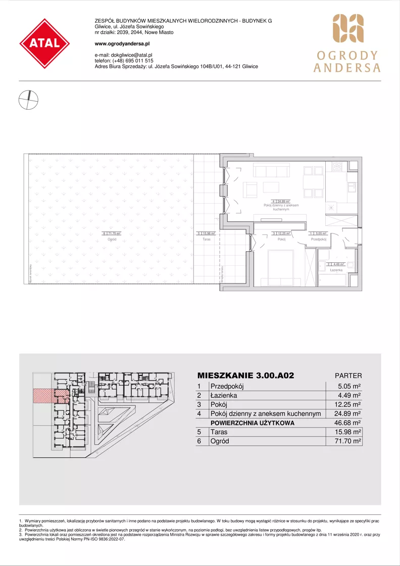 2 pokoje, mieszkanie 46,68 m², parter, oferta nr 3.00.A02, Ogrody Andersa IV, Gliwice, Wojska Polskiego, ul. J. Sowińskiego