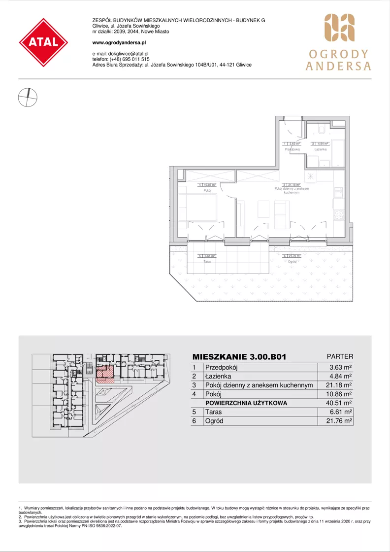 2 pokoje, mieszkanie 40,51 m², parter, oferta nr 3.00.B01, Ogrody Andersa IV, Gliwice, Wojska Polskiego, ul. J. Sowińskiego