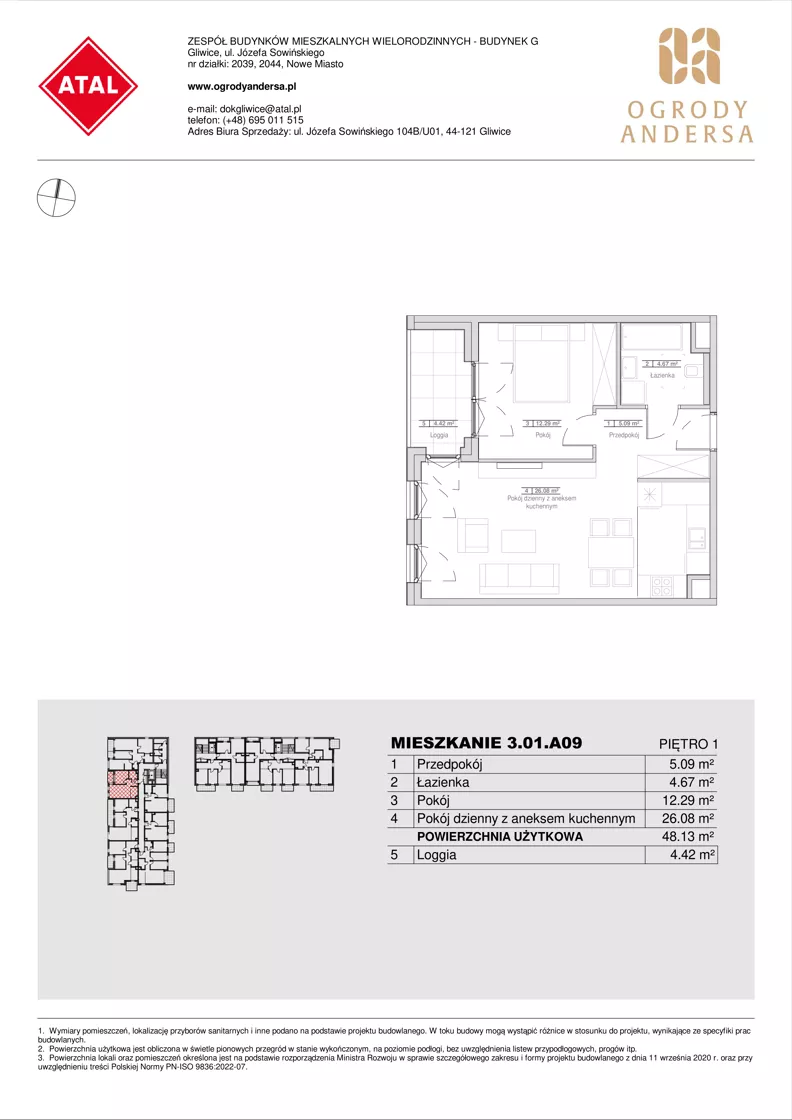 2 pokoje, mieszkanie 48,13 m², piętro 1, oferta nr 3.01.A09, Ogrody Andersa IV, Gliwice, Wojska Polskiego, ul. J. Sowińskiego
