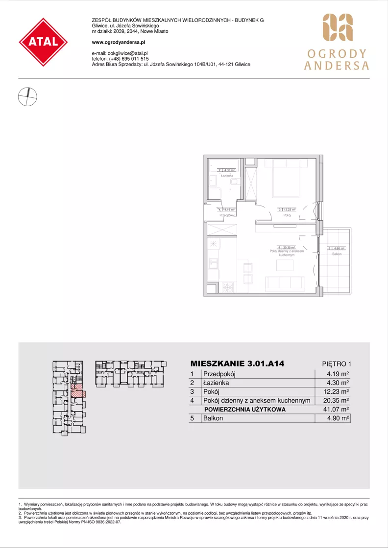 2 pokoje, mieszkanie 41,07 m², piętro 1, oferta nr 3.01.A14, Ogrody Andersa IV, Gliwice, Wojska Polskiego, ul. J. Sowińskiego