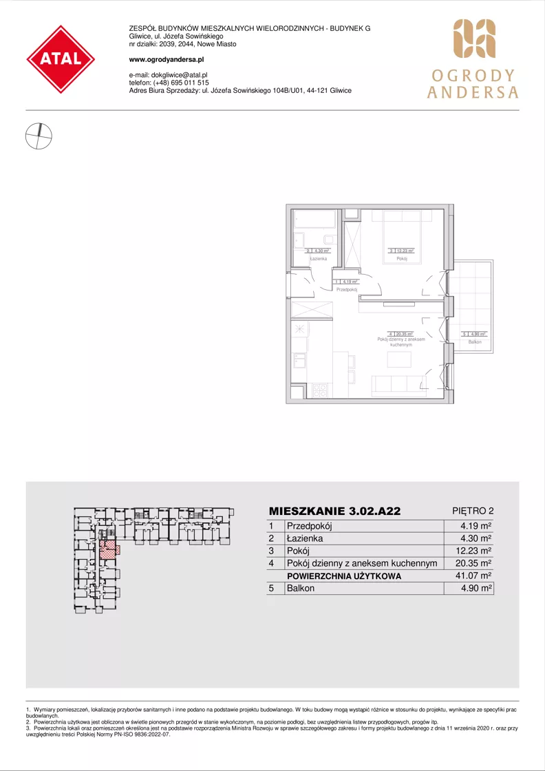 2 pokoje, mieszkanie 41,07 m², piętro 2, oferta nr 3.02.A22, Ogrody Andersa IV, Gliwice, Wojska Polskiego, ul. J. Sowińskiego