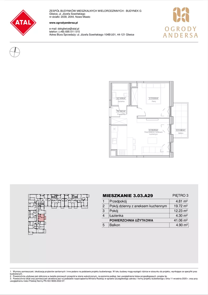 2 pokoje, mieszkanie 41,06 m², piętro 3, oferta nr 3.03.A29, Ogrody Andersa IV, Gliwice, Wojska Polskiego, ul. J. Sowińskiego