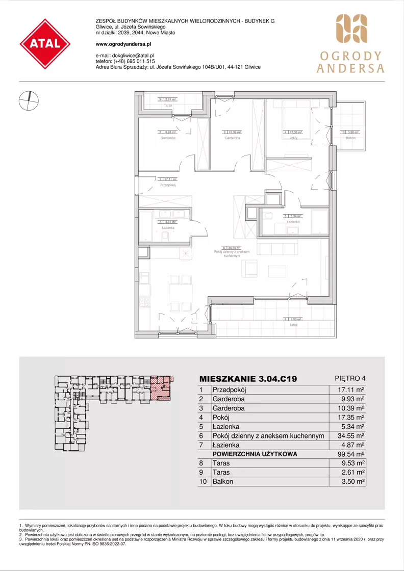 2 pokoje, mieszkanie 99,54 m², piętro 4, oferta nr 3.04.C19, Ogrody Andersa IV, Gliwice, Wojska Polskiego, ul. J. Sowińskiego