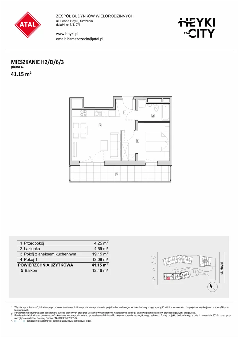 2 pokoje, apartament 41,10 m², piętro 6, oferta nr H2-D-6-3, Heyki City ATAL, Szczecin, Prawobrzeże, Międzyodrze, ul. Leona Heyki
