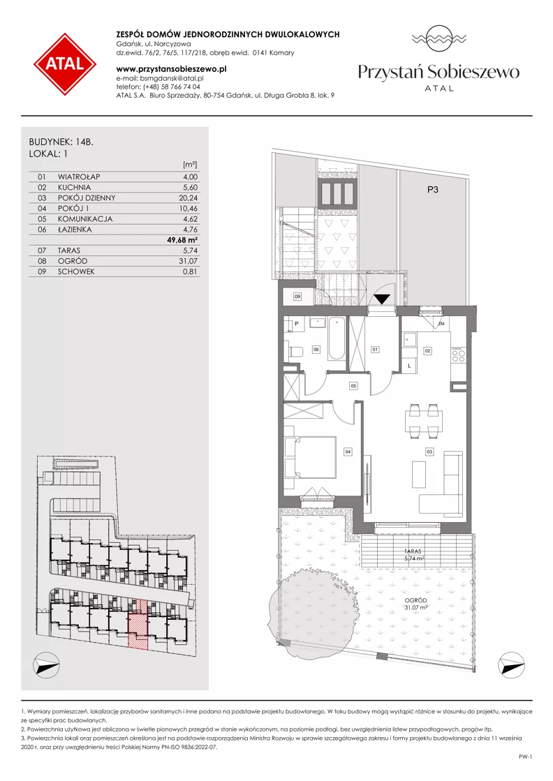 2 pokoje, mieszkanie 49,68 m², parter, oferta nr 14B.1, Przystań Sobieszewo, Gdańsk, Wyspa Sobieszewska, ul. Narcyzowa
