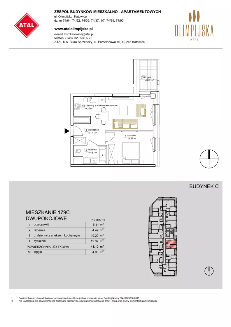 2 pokoje, apartament 41,10 m², piętro 16, oferta nr C-16-179C, ATAL Olimpijska, Katowice, Śródmieście, Bogucice, ul. Olimpijska / al. Korfantego