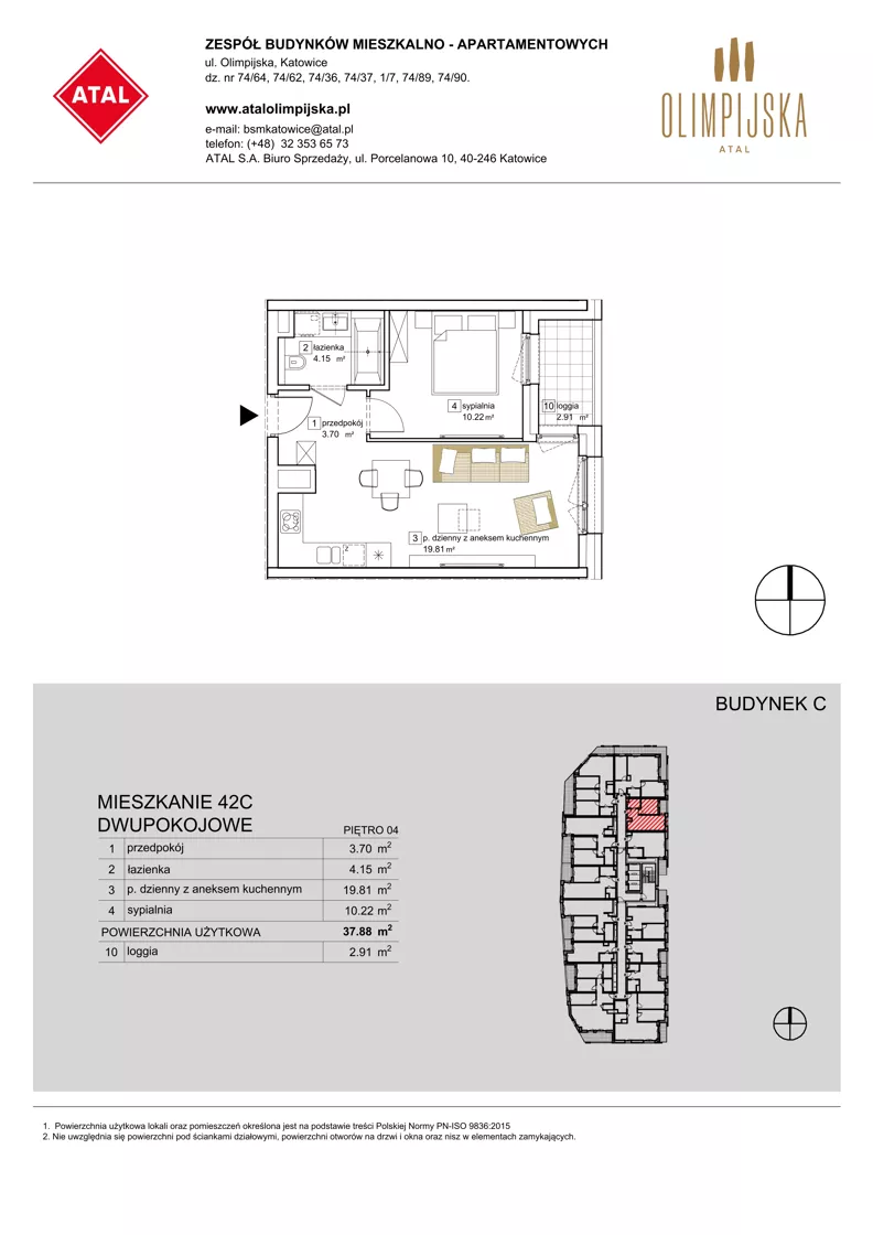 2 pokoje, mieszkanie 37,88 m², piętro 4, oferta nr C-04-42C, ATAL Olimpijska, Katowice, Śródmieście, Bogucice, ul. Olimpijska / al. Korfantego