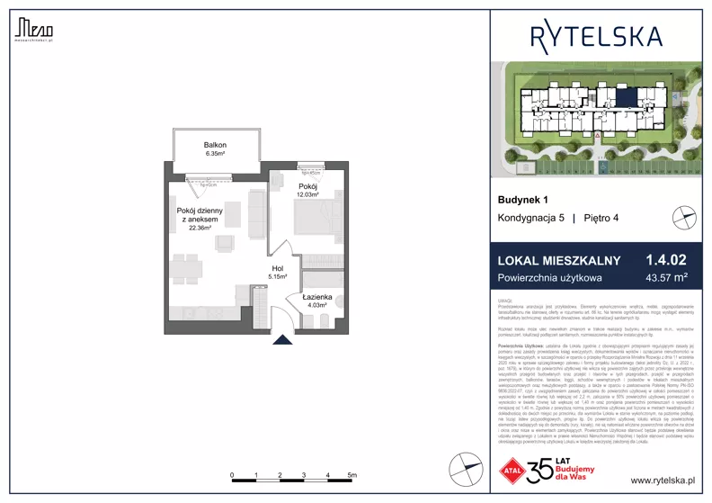 2 pokoje, mieszkanie 43,57 m², piętro 4, oferta nr 1.4.02, Osiedle Rytelska, Gdańsk, Orunia Górna-Gdańsk Południe, ul. Rytelska