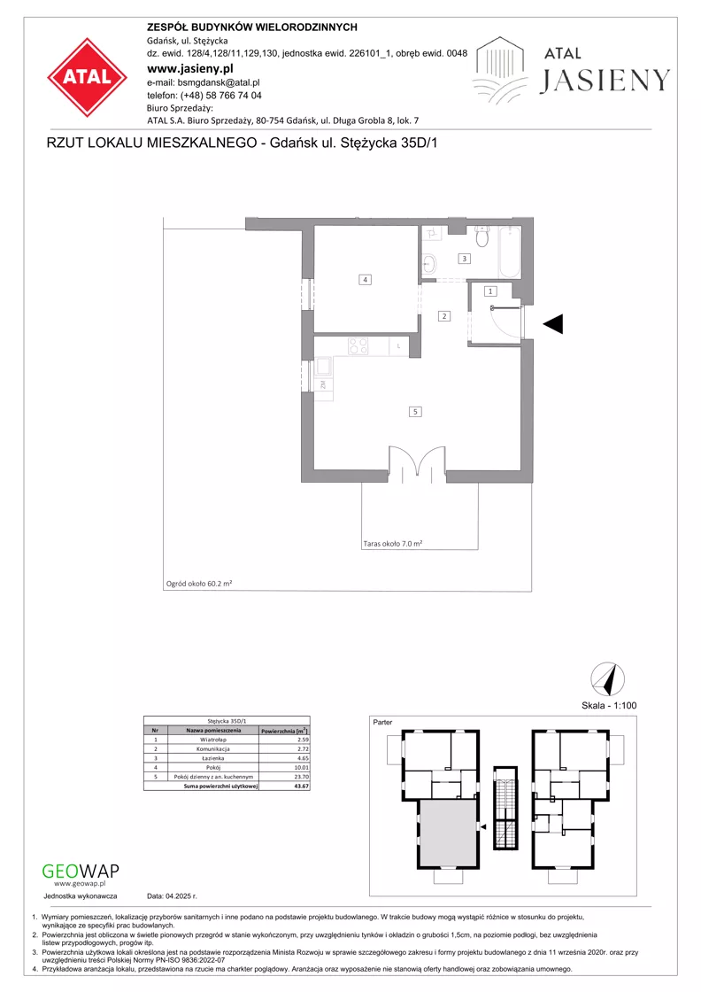 2 pokoje, mieszkanie 43,67 m², parter, oferta nr 8.1, ATAL Jasieny, Gdańsk, Jasień, ul. Stężycka