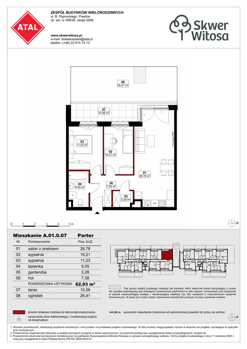3 pokoje, mieszkanie 62,92 m², parter, oferta nr A01.0.07, Skwer Witosa, Piastów, ul. Bodycha/Witosa