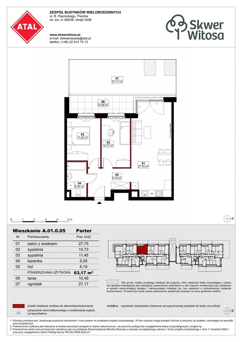3 pokoje, mieszkanie 63,18 m², parter, oferta nr A01.0.05, Skwer Witosa, Piastów, ul. Bodycha/Witosa