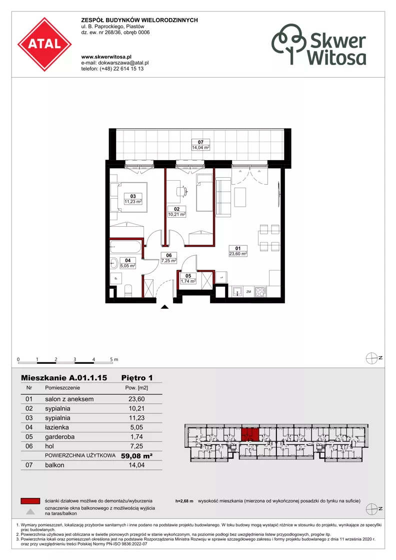 3 pokoje, mieszkanie 59,08 m², piętro 1, oferta nr A01.1.15, Skwer Witosa, Piastów, ul. Bodycha/Witosa