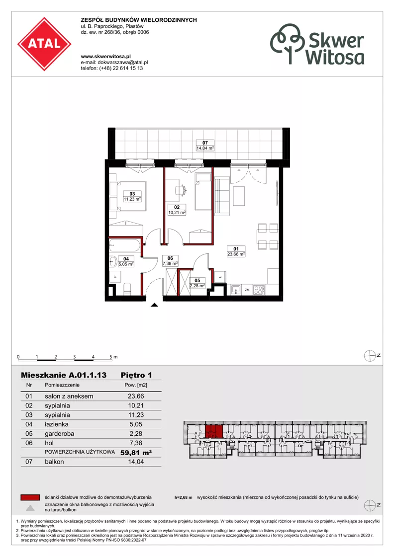 3 pokoje, mieszkanie 59,79 m², piętro 1, oferta nr A01.1.13, Skwer Witosa, Piastów, ul. Bodycha/Witosa