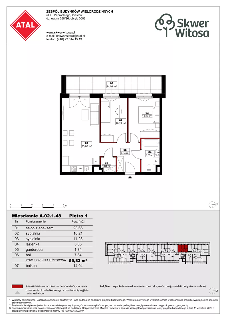 3 pokoje, mieszkanie 59,79 m², piętro 1, oferta nr A02.1.48, Skwer Witosa, Piastów, ul. Bodycha/Witosa