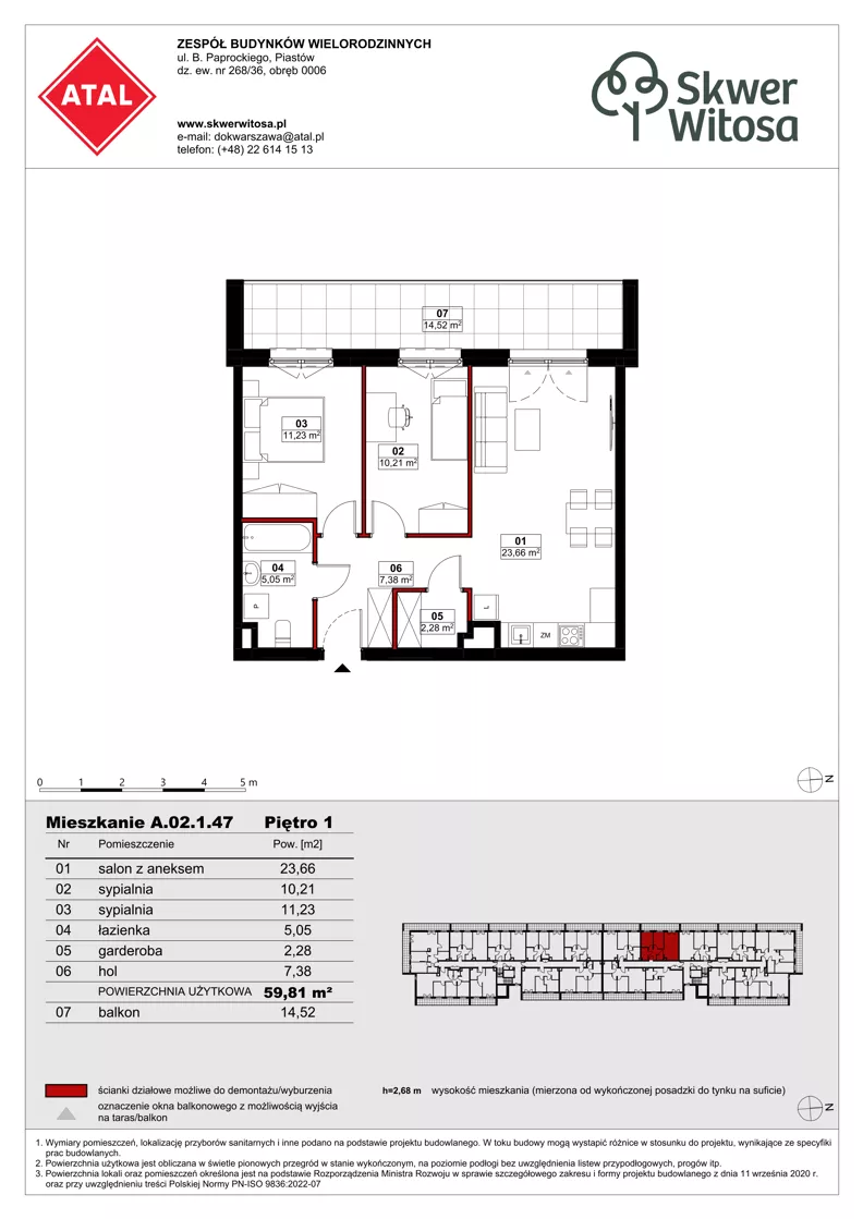 3 pokoje, mieszkanie 59,79 m², piętro 1, oferta nr A02.1.47, Skwer Witosa, Piastów, ul. Bodycha/Witosa