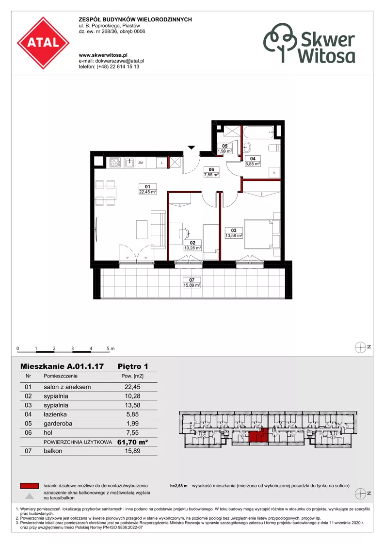 3 pokoje, mieszkanie 61,70 m², piętro 1, oferta nr A01.1.17, Skwer Witosa, Piastów, ul. Bodycha/Witosa