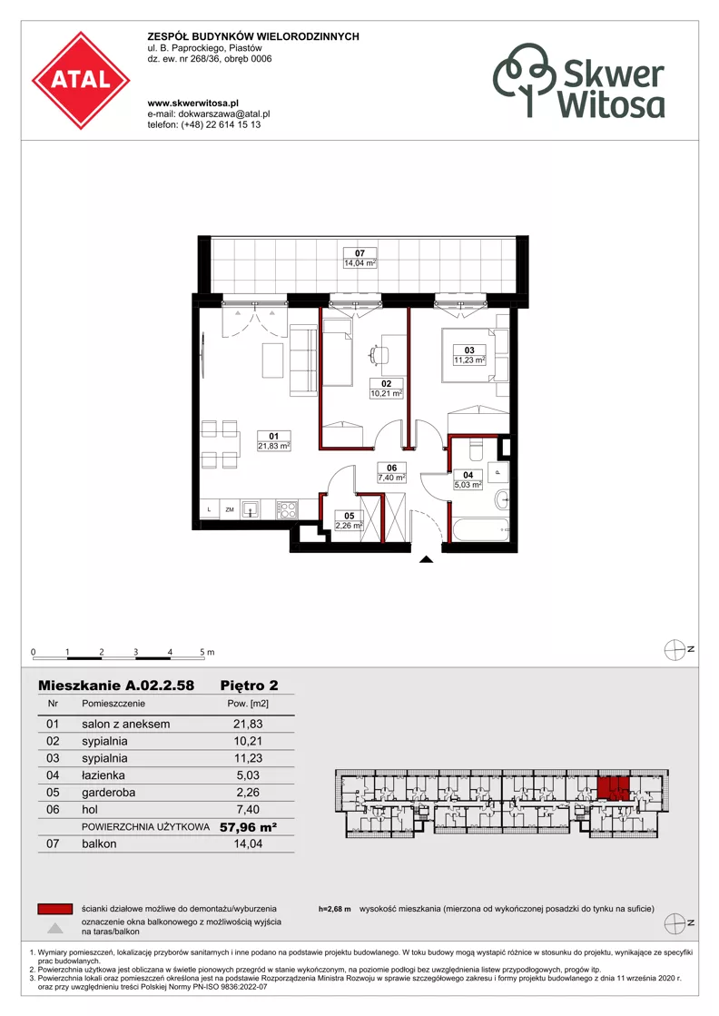 3 pokoje, mieszkanie 57,95 m², piętro 2, oferta nr A02.2.58, Skwer Witosa, Piastów, ul. Bodycha/Witosa
