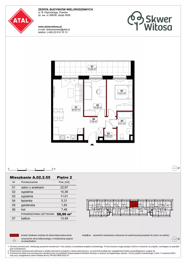 3 pokoje, mieszkanie 58,99 m², piętro 2, oferta nr A02.2.55, Skwer Witosa, Piastów, ul. Bodycha/Witosa