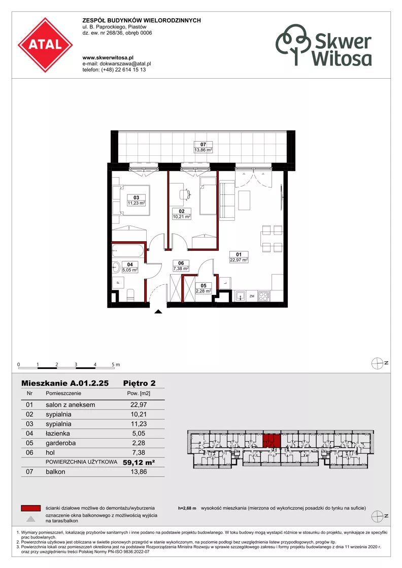 3 pokoje, mieszkanie 59,11 m², piętro 2, oferta nr A01.2.25, Skwer Witosa, Piastów, ul. Bodycha/Witosa