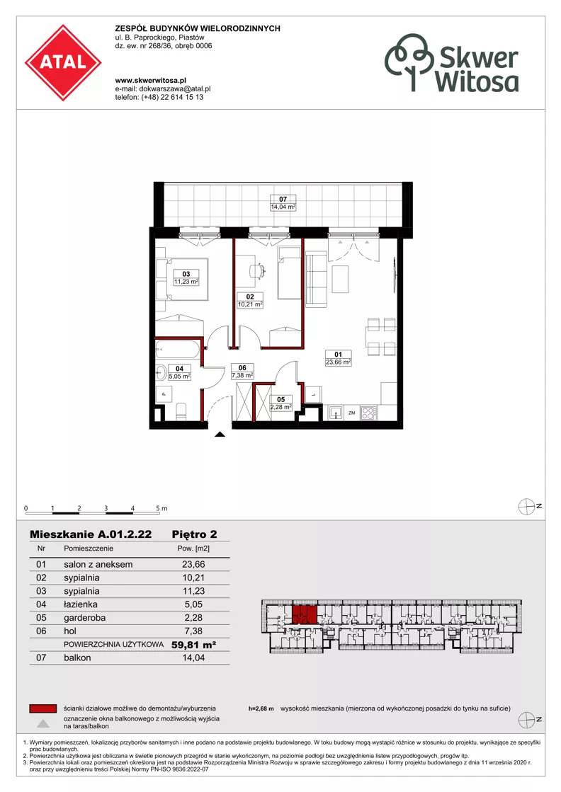 3 pokoje, mieszkanie 59,79 m², piętro 2, oferta nr A01.2.22, Skwer Witosa, Piastów, ul. Bodycha/Witosa