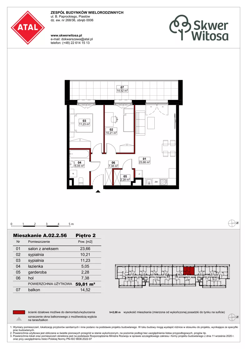3 pokoje, mieszkanie 59,79 m², piętro 2, oferta nr A02.2.56, Skwer Witosa, Piastów, ul. Bodycha/Witosa