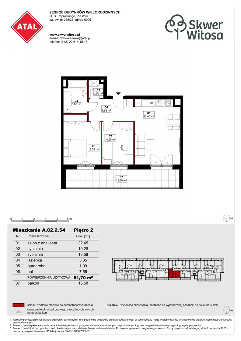 3 pokoje, mieszkanie 61,70 m², piętro 2, oferta nr A02.2.54, Skwer Witosa, Piastów, ul. Bodycha/Witosa