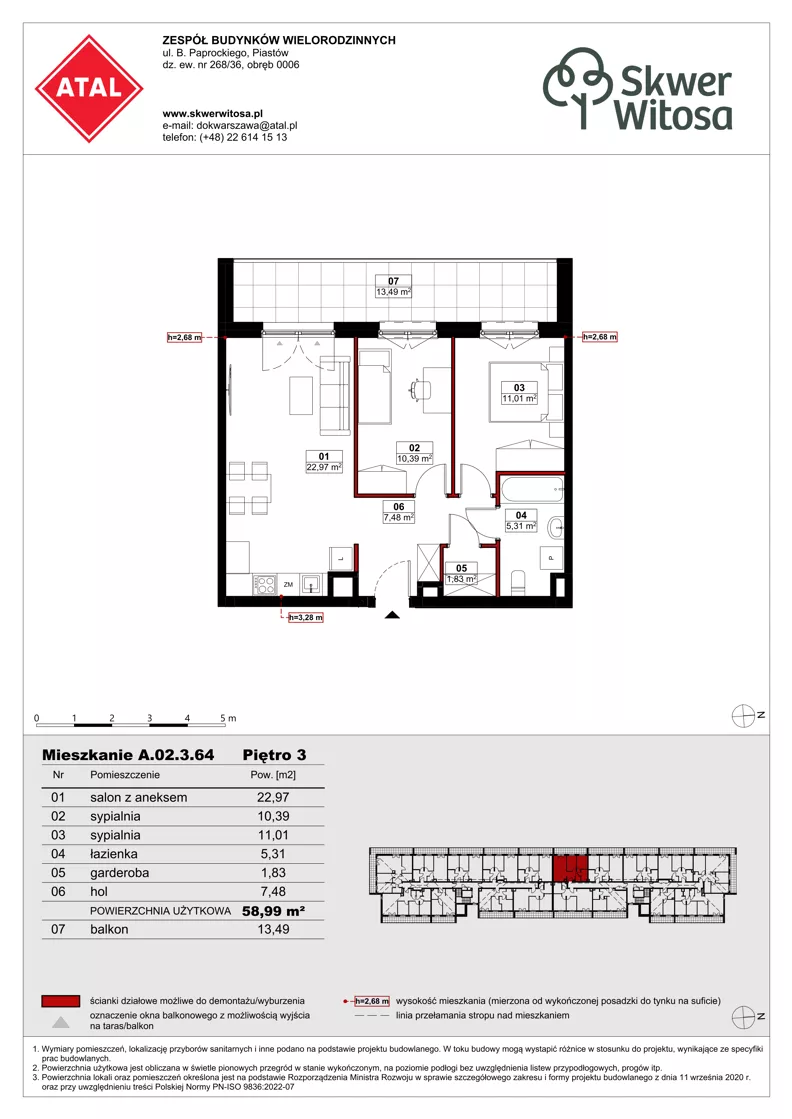 3 pokoje, mieszkanie 58,99 m², piętro 3, oferta nr A02.3.64, Skwer Witosa, Piastów, ul. Bodycha/Witosa