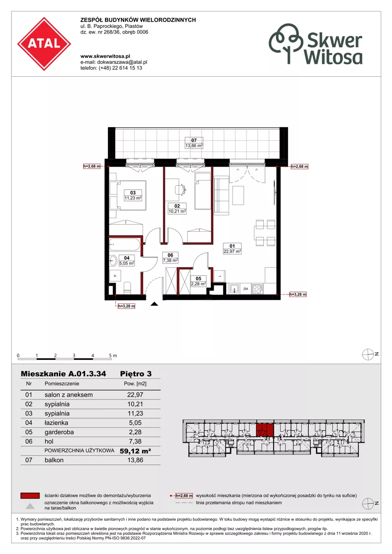 3 pokoje, mieszkanie 59,11 m², piętro 3, oferta nr A01.3.34, Skwer Witosa, Piastów, ul. Bodycha/Witosa