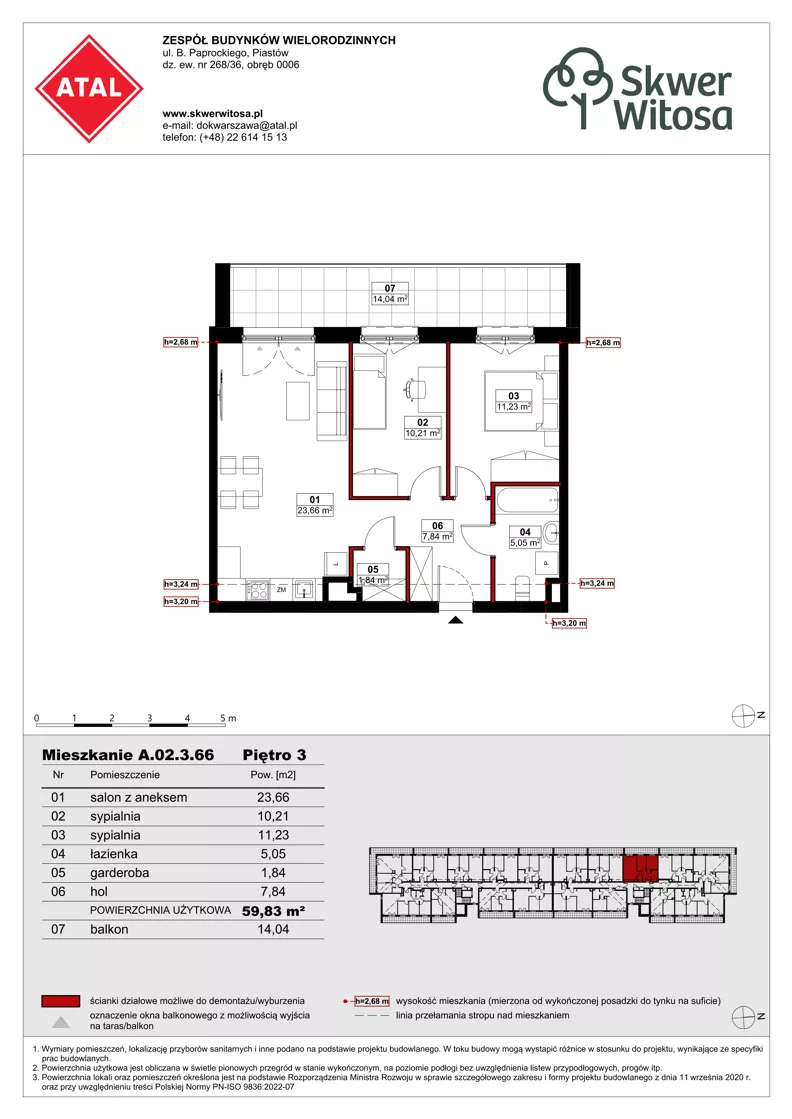 3 pokoje, mieszkanie 59,79 m², piętro 3, oferta nr A02.3.66, Skwer Witosa, Piastów, ul. Bodycha/Witosa