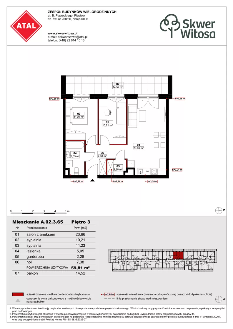 3 pokoje, mieszkanie 59,79 m², piętro 3, oferta nr A02.3.65, Skwer Witosa, Piastów, ul. Bodycha/Witosa
