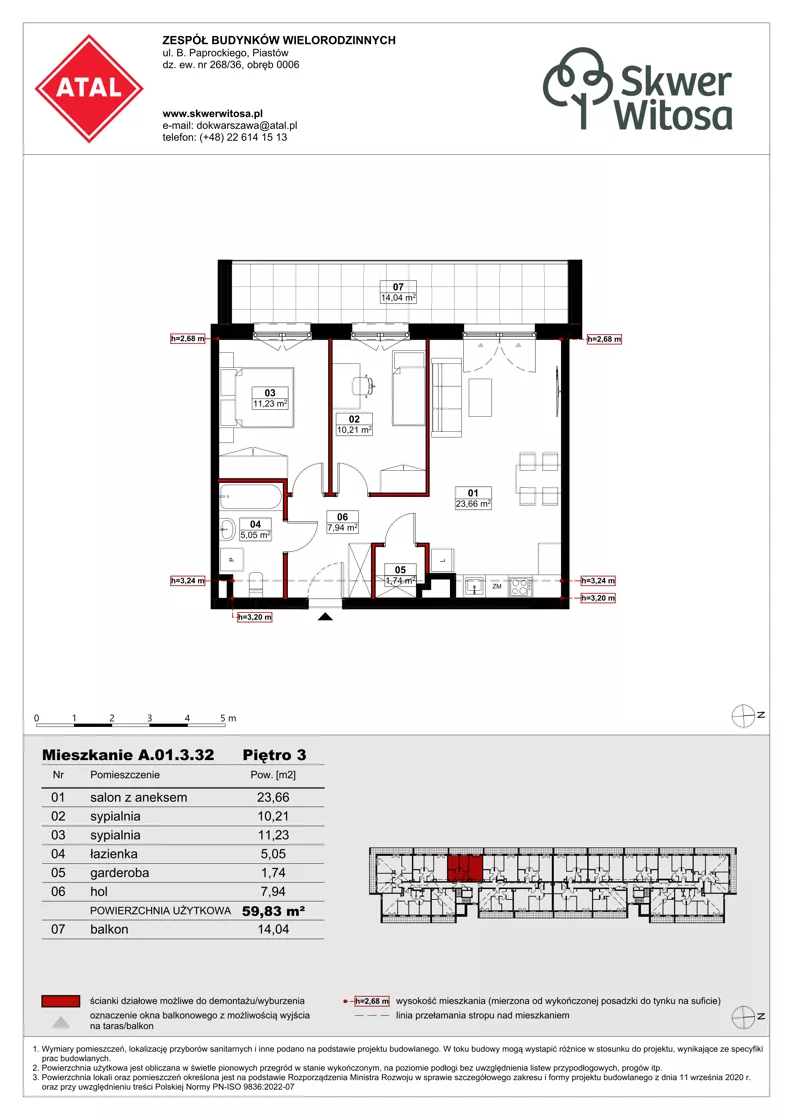 3 pokoje, mieszkanie 59,79 m², piętro 3, oferta nr A01.3.32, Skwer Witosa, Piastów, ul. Bodycha/Witosa
