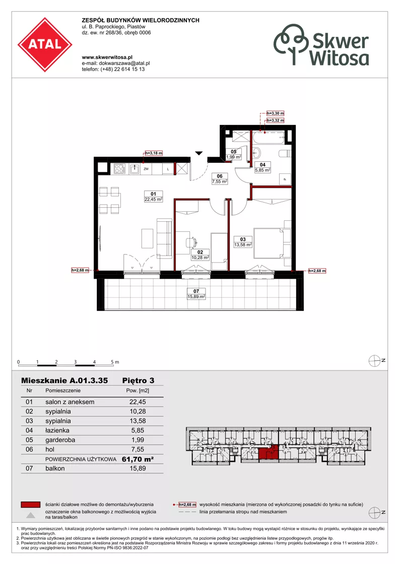 3 pokoje, mieszkanie 61,70 m², piętro 3, oferta nr A01.3.35, Skwer Witosa, Piastów, ul. Bodycha/Witosa