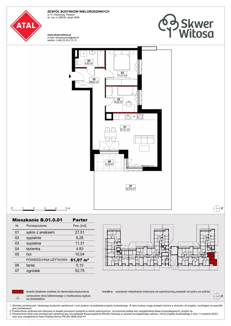 3 pokoje, mieszkanie 62,04 m², parter, oferta nr B01.0.01, Skwer Witosa, Piastów, ul. Bodycha/Witosa