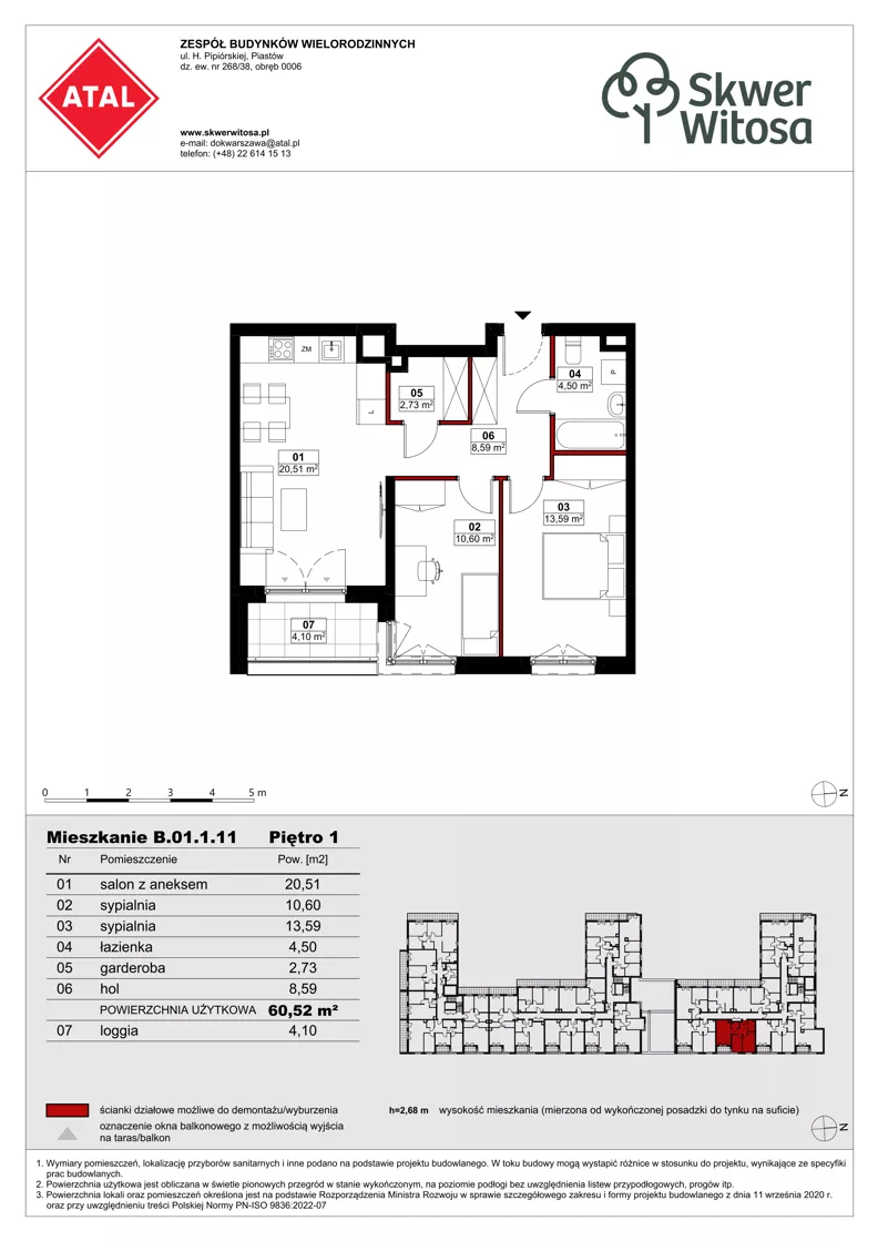 3 pokoje, mieszkanie 60,52 m², piętro 1, oferta nr B01.1.11, Skwer Witosa, Piastów, ul. Bodycha/Witosa