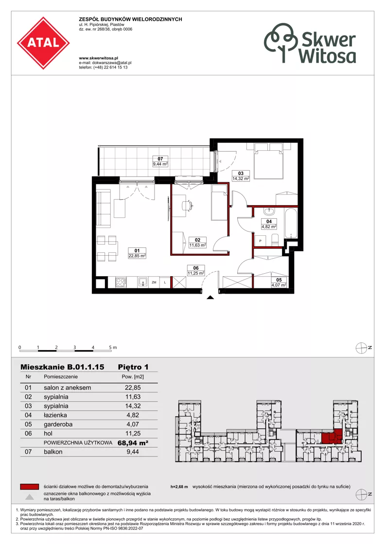 3 pokoje, mieszkanie 68,94 m², piętro 1, oferta nr B01.1.15, Skwer Witosa, Piastów, ul. Bodycha/Witosa
